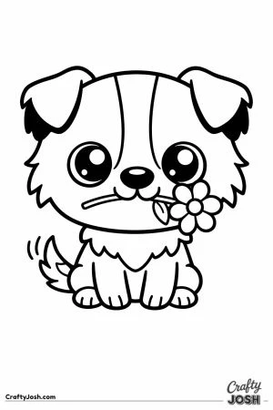 Kawaii border collie holding a flower in its mouth