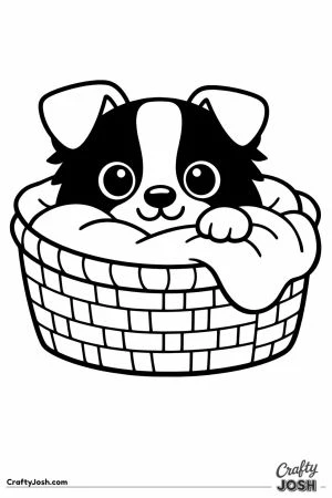 Kawaii border collie peeking out of a cozy basket