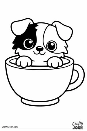 Kawaii border collie sitting inside a teacup