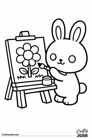 Kawaii bunny painting a flower at the easel