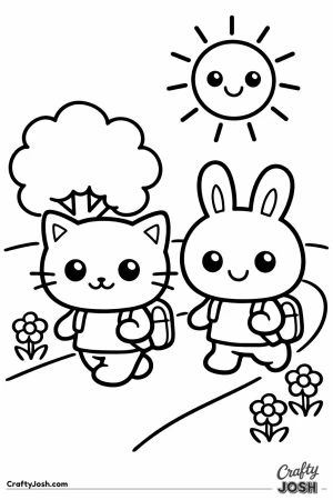 Kawaii cat and bunny walking to school together