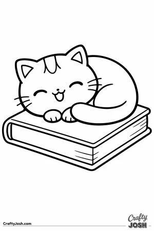 Kawaii cat curled asleep on a closed book