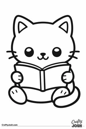 Kawaii cat holding an open book in both paws