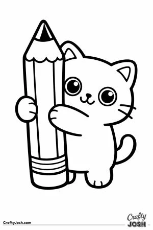 Kawaii cat hugging a pencil taller than itself