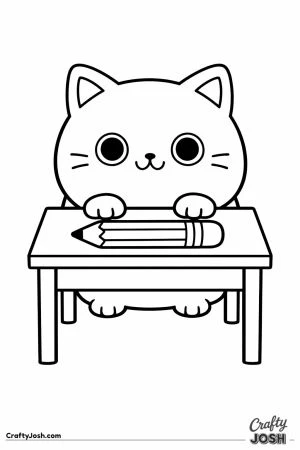 Kawaii cat sitting at a small school desk