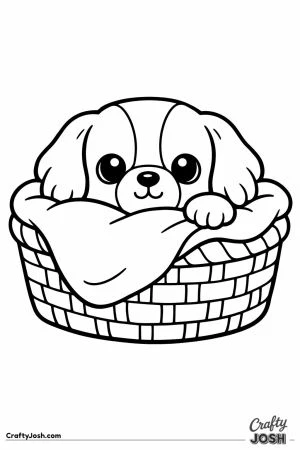 Kawaii cavalier peeking out of a cozy basket
