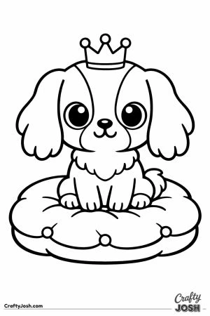 Kawaii cavalier wearing a crown on a cushion