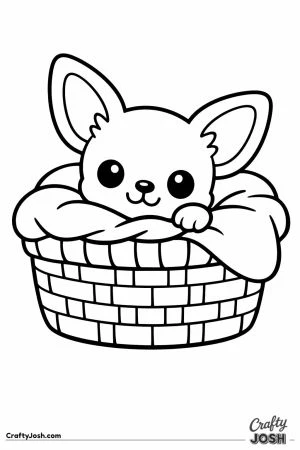 Kawaii chihuahua peeking out of a cozy basket