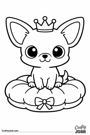 Kawaii chihuahua wearing a crown on a cushion