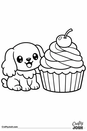 Kawaii cocker spaniel beside a giant swirled cupcake