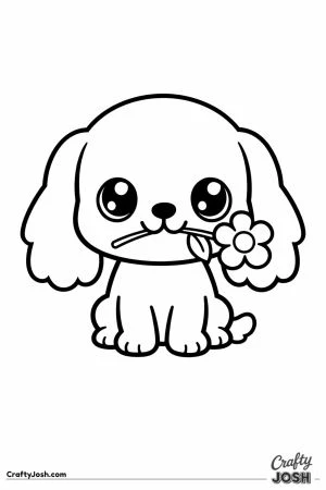 Kawaii cocker spaniel holding a flower in its mouth