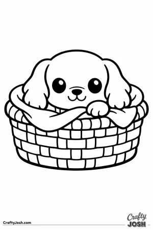 Kawaii cocker spaniel peeking out of a cozy basket