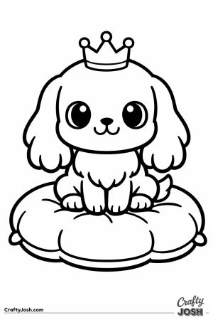 Kawaii cocker spaniel wearing a crown on a cushion