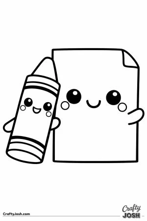 Kawaii crayon leaning against a smiling sheet of paper