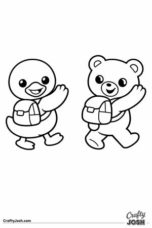 Kawaii duck and bear waving goodbye at home time