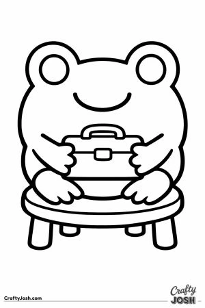 Kawaii frog sitting on a stool holding a lunchbox