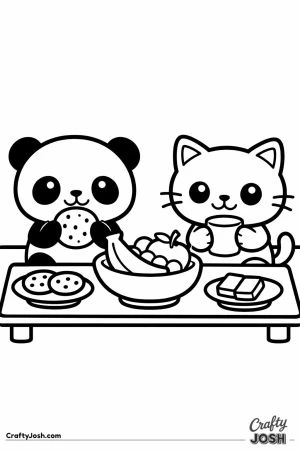 Kawaii panda and cat sharing a snack at a low table