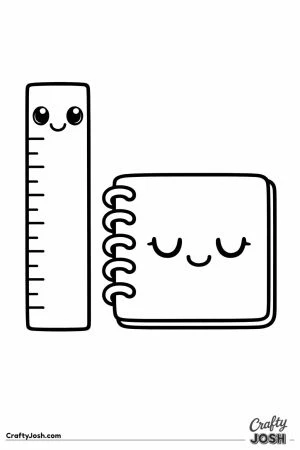 Kawaii ruler standing beside a happy notebook