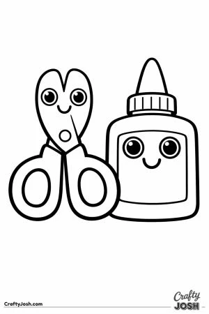 Kawaii safety scissors standing with a glue bottle