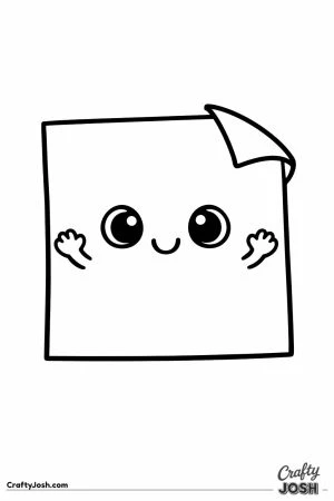 Kawaii sticky note with a curling corner and waving arms