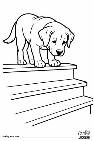 Labrador at the top of the stairs peering down