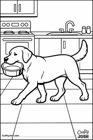 Labrador carrying its own empty food bowl across the kitchen