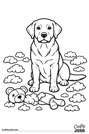 Labrador sitting among the stuffing of a burst toy