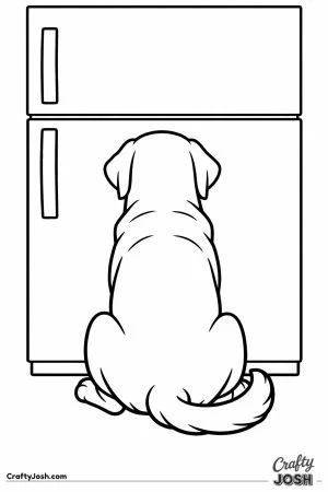 Labrador sitting in front of the fridge waiting