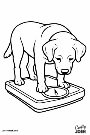 Labrador standing on the bathroom scales looking down