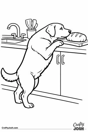 Labrador with its paws on the counter reaching for the bread
