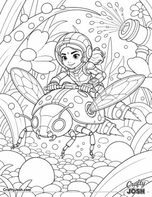 A tiny tech hero races through a giant garden on a friendly robotic ladybug while zooming past tall grass, flowers, and sparkling water droplets