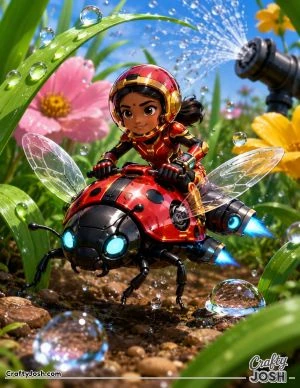 A tiny tech hero races through a giant garden on a friendly robotic ladybug while zooming past tall grass, flowers, and sparkling water droplets