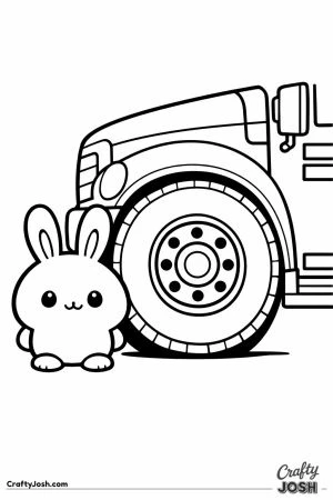Little bunny standing beside a huge bus wheel