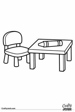 Little classroom chair beside a low table with a crayon