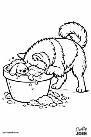 Malamute burying a toy in a plant pot with soil everywhere