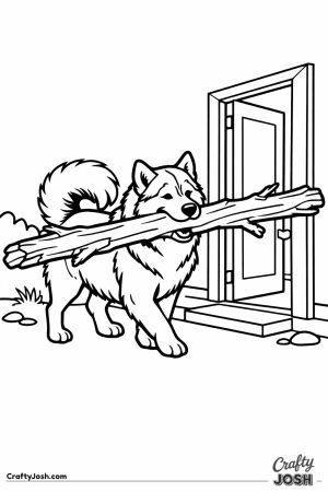 Malamute carrying a branch far too wide for the doorway