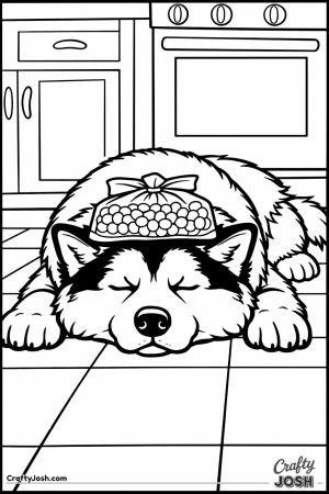Malamute cooling off with a bag of peas on its head