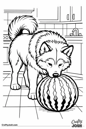 Malamute inspecting a whole watermelon on the kitchen floor
