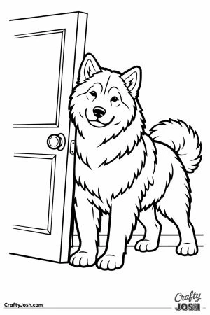 Malamute leaning on the door to hold it open