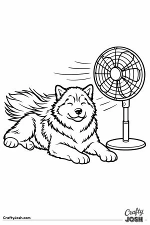 Malamute lying in front of the fan with its coat blown back