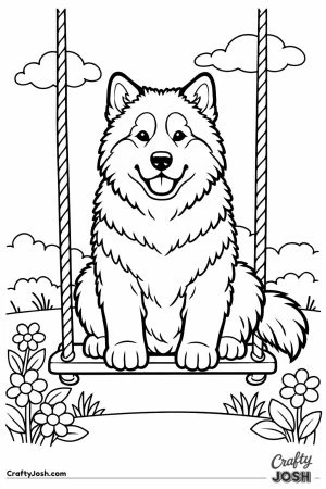 Malamute perched on a swing seat far too narrow for it