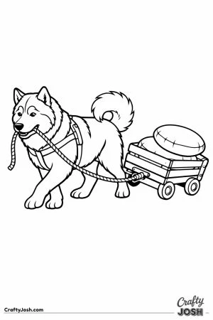 Malamute pulling a loaded wooden wagon by a rope