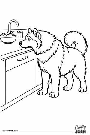 Malamute resting its chin on the kitchen worktop