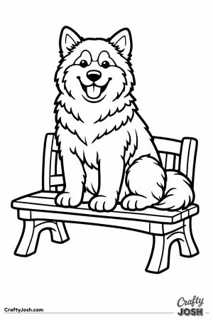 Malamute sitting on a garden bench built for one person
