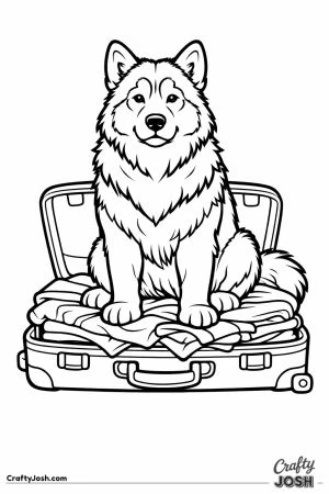 Malamute sitting on the open suitcase so it cannot be packed