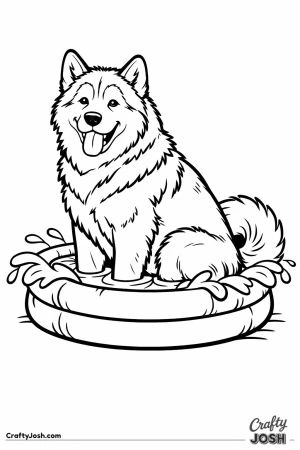 Malamute squeezed into a paddling pool that is far too small