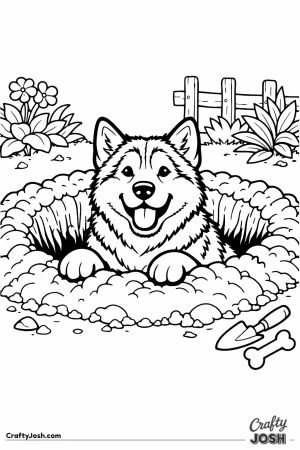 Malamute standing in a hole so deep only its head shows