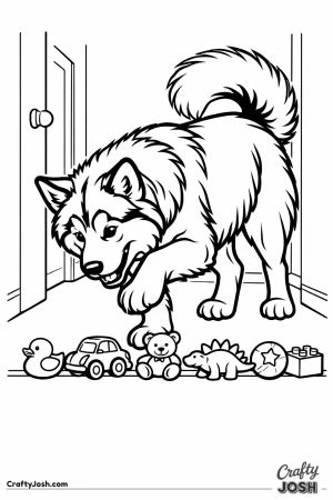 Malamute stepping carefully over a line of toys
