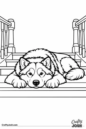 Malamute stretched right across the stair landing