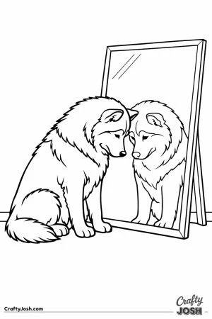 Malamute studying its reflection in a mirror against the wall